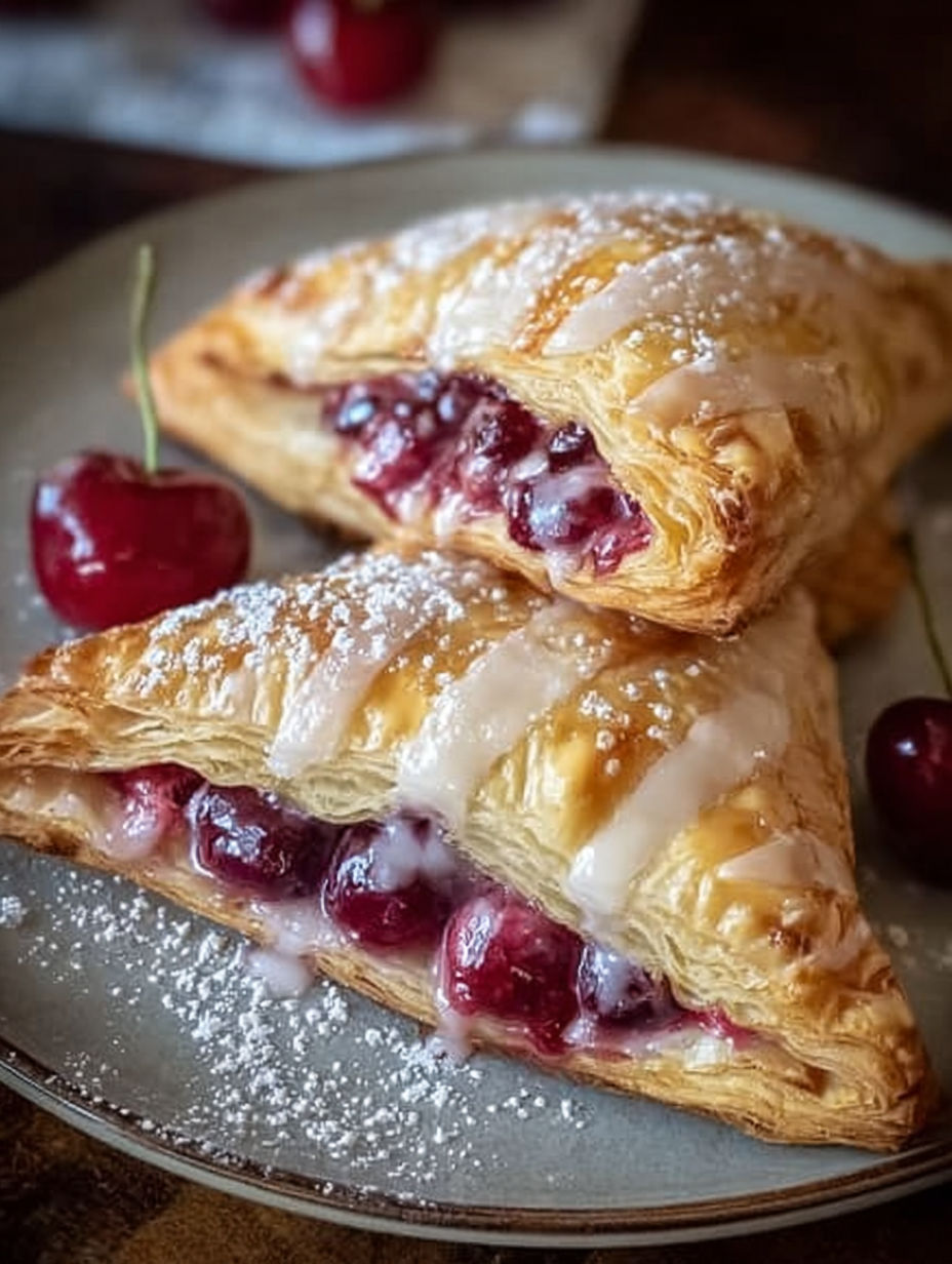 Two homemade cherry turnovers with powdered sugar on a plate.