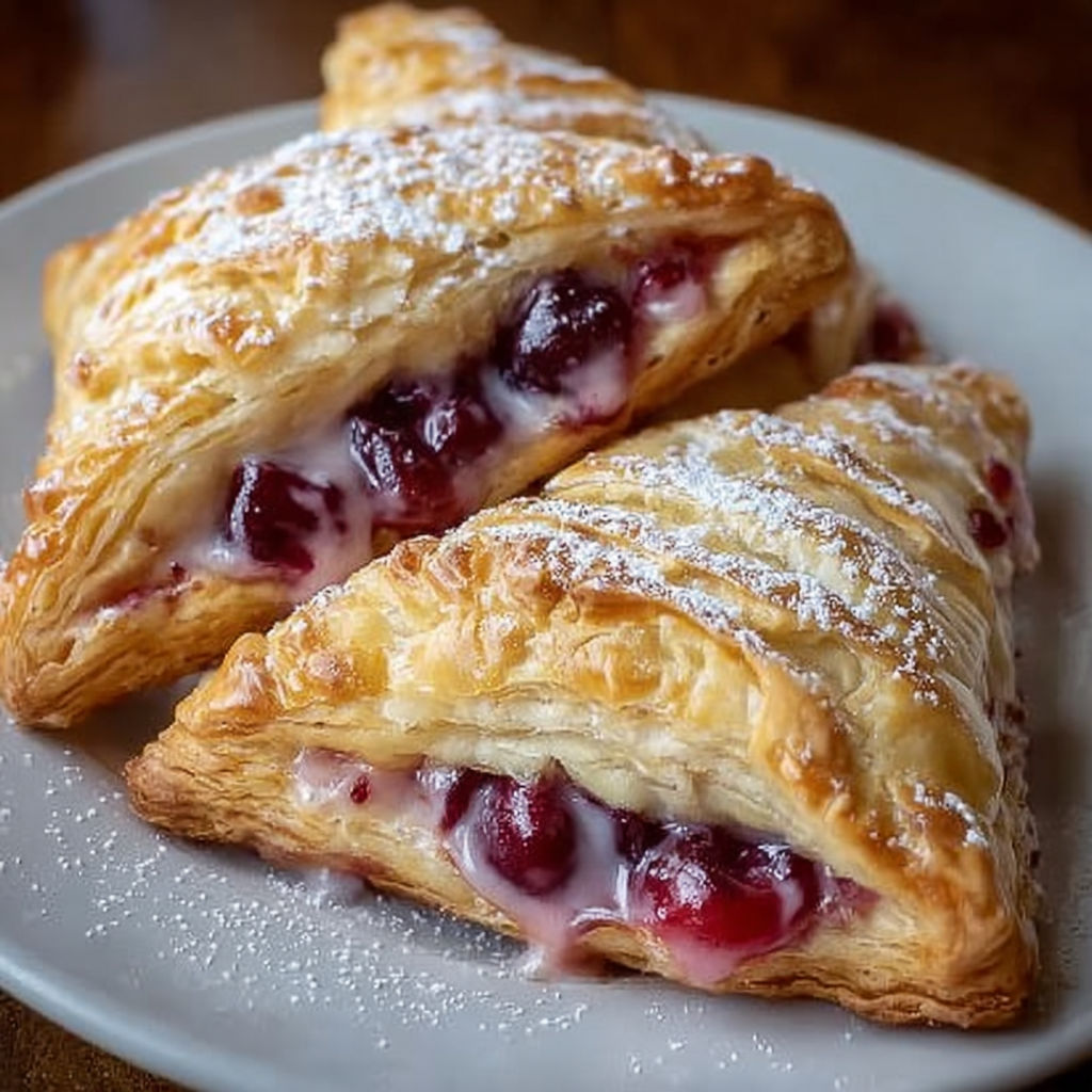 Two homemade cherry turnovers on a plate.