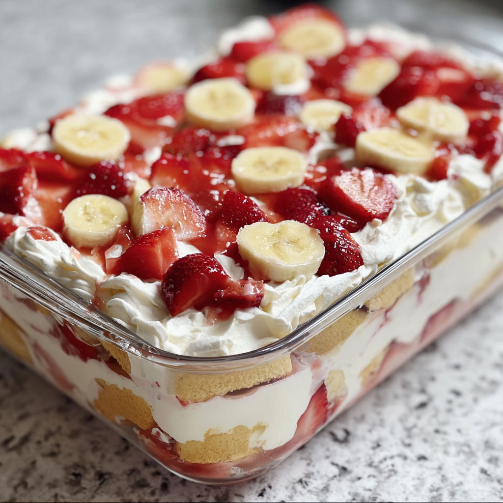 A close up of a dessert with strawberries and bananas.