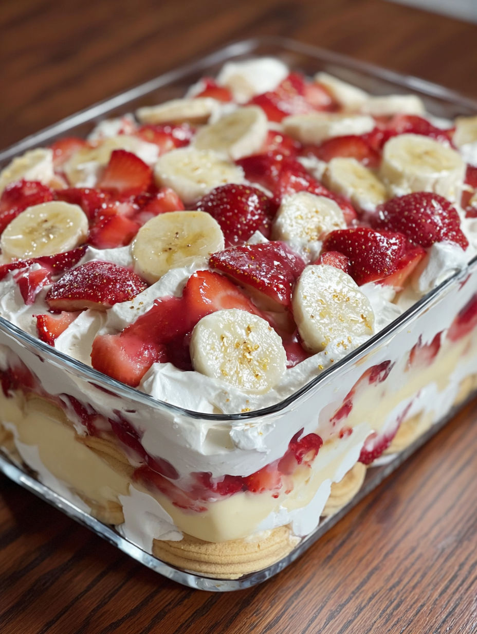 A close up of a strawberry banana pudding dream.