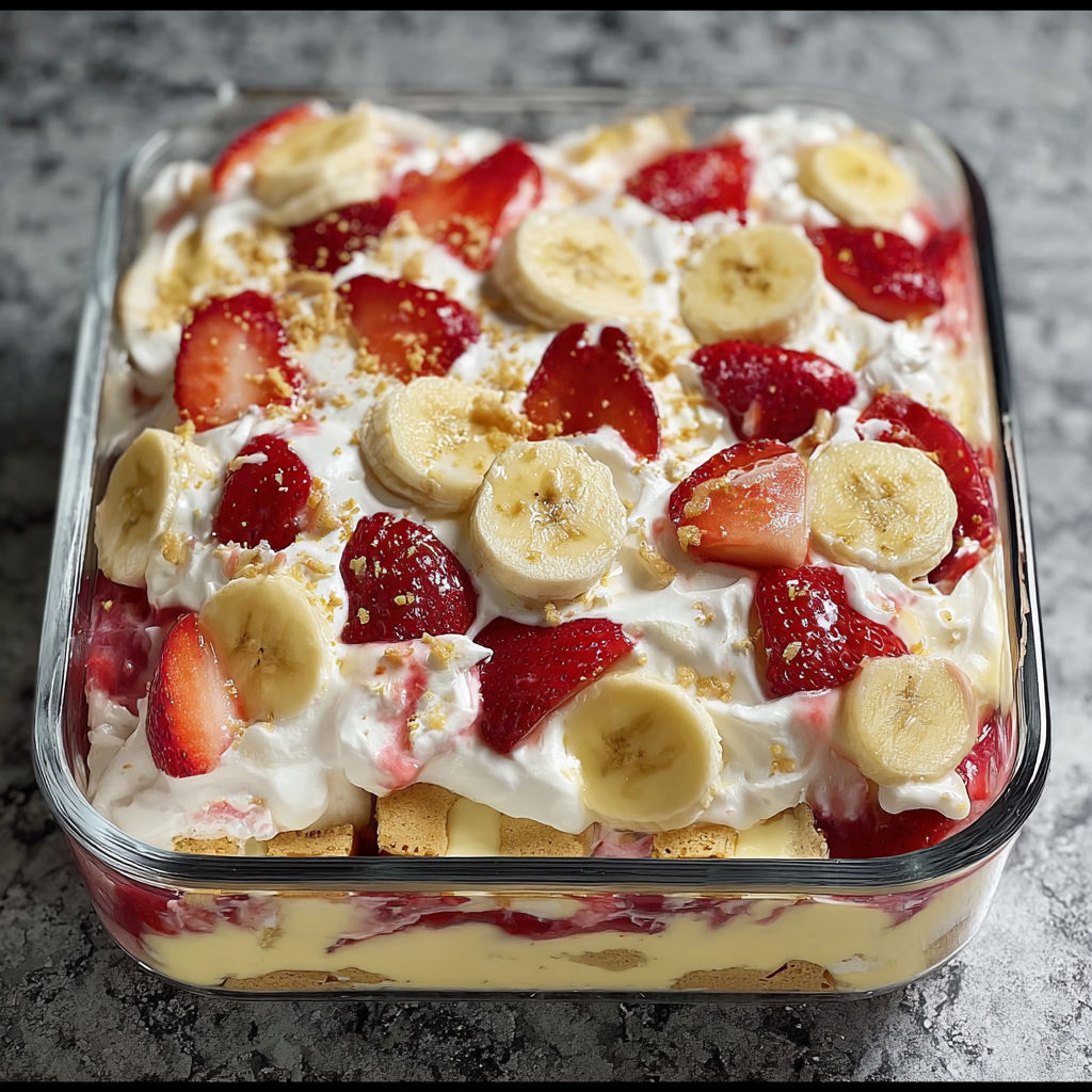 A glass dish filled with a dessert that includes bananas, strawberries, and whipped cream.