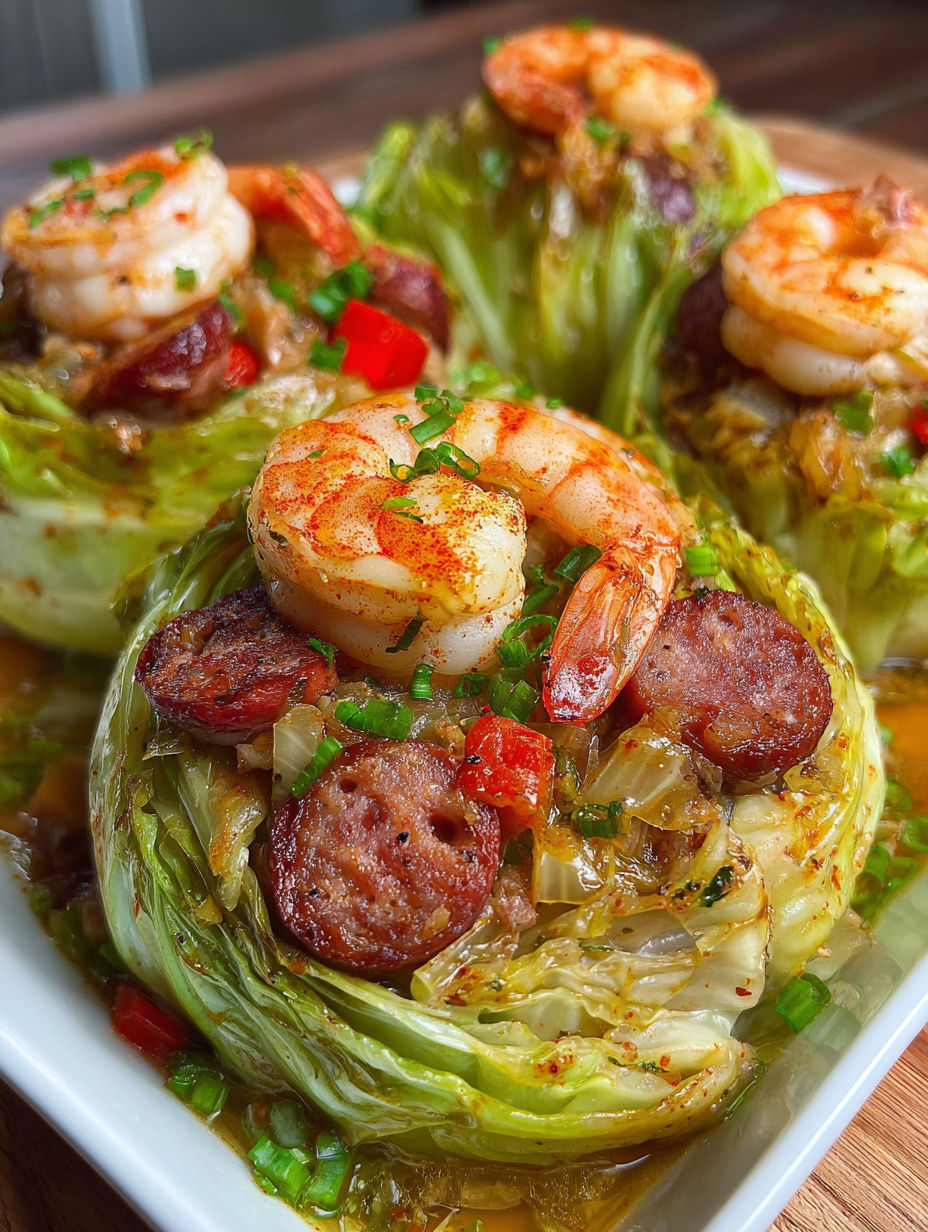 A plate of food with shrimp and sausage stuffed cabbage.