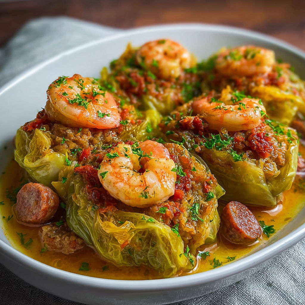 A plate of food with shrimp and sausage in a cabbage.