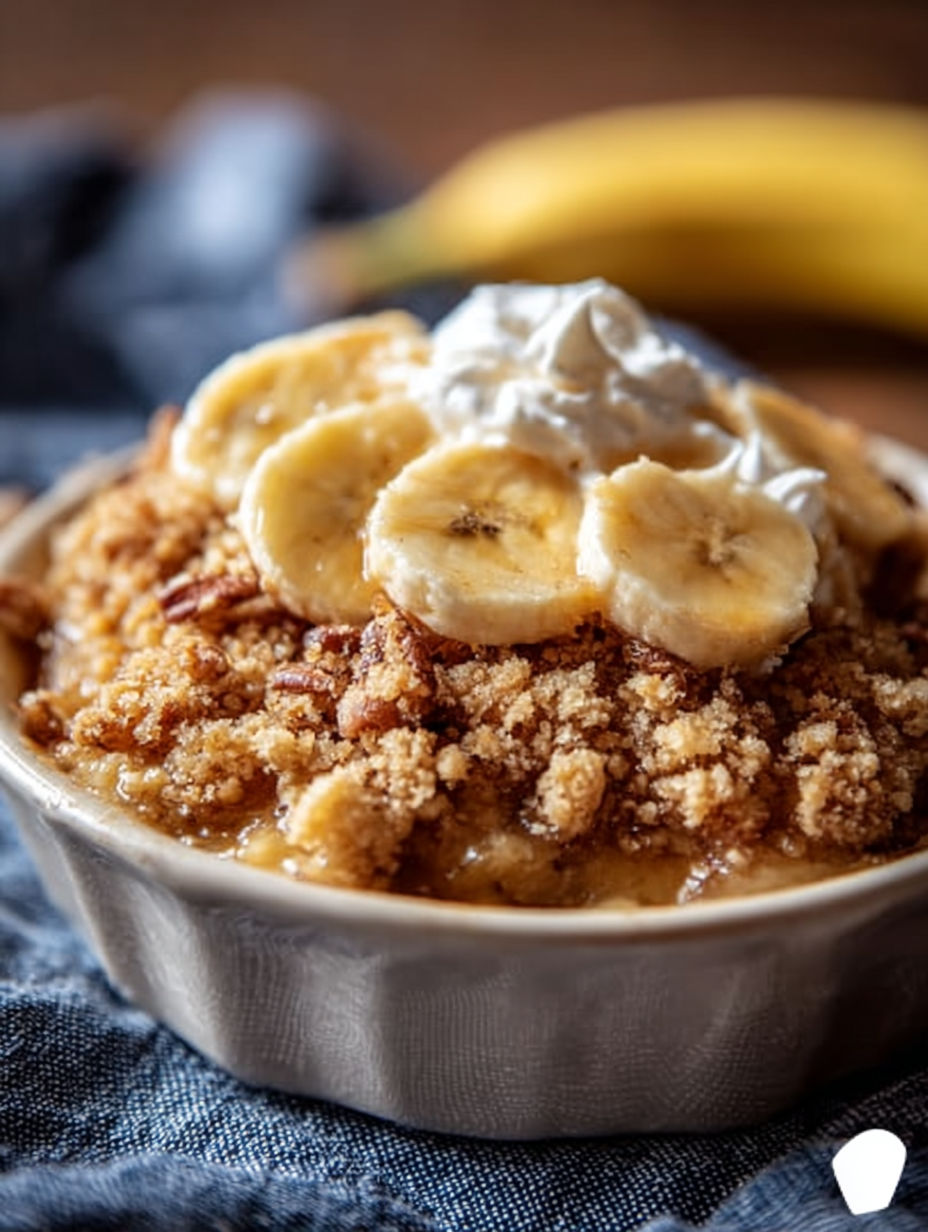 A bowl of banana cobbler with whipped cream on top.