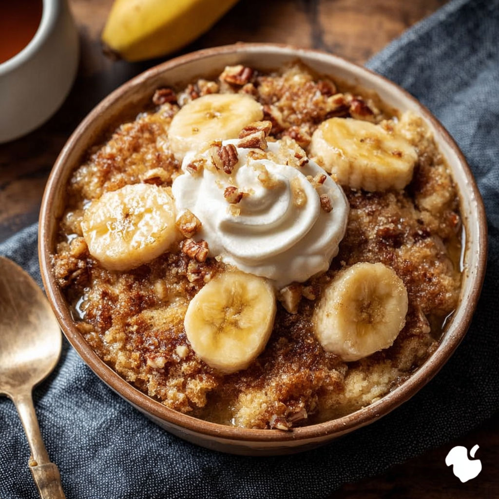A bowl of banana cobbler with whipped cream on top.