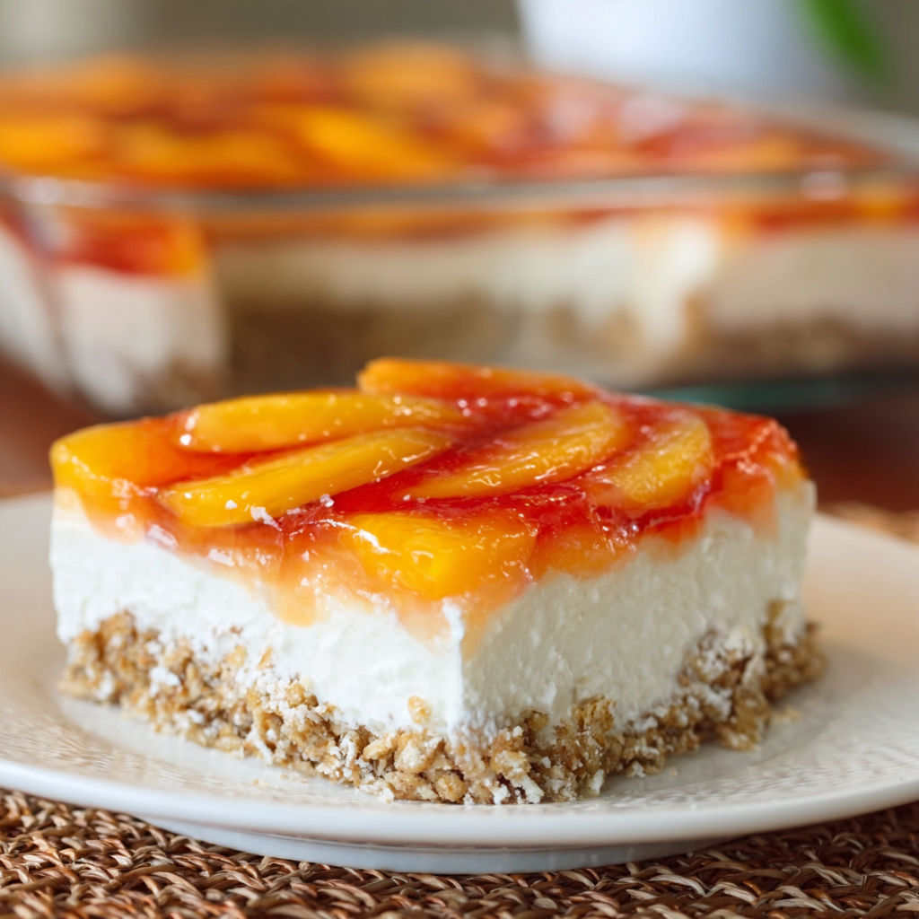 A slice of peach pretzel salad.