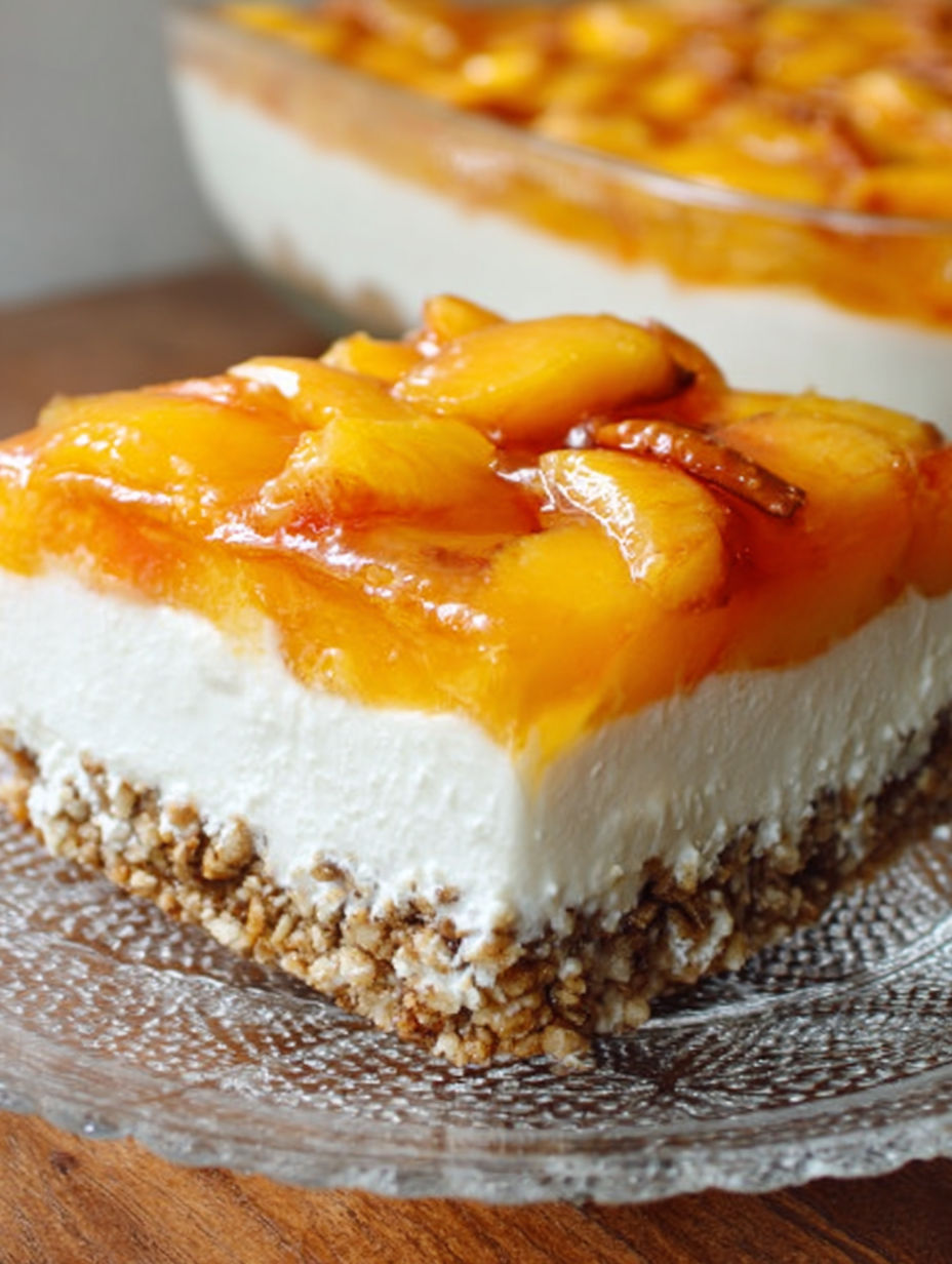A slice of peach cake with a crumb topping.