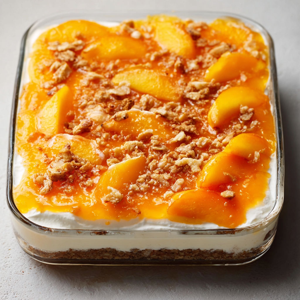 A glass dish with peach and pretzel salad.
