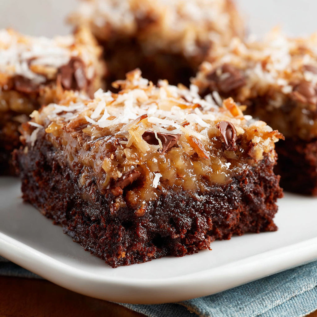 A plate with a slice of German Chocolate Brownies.