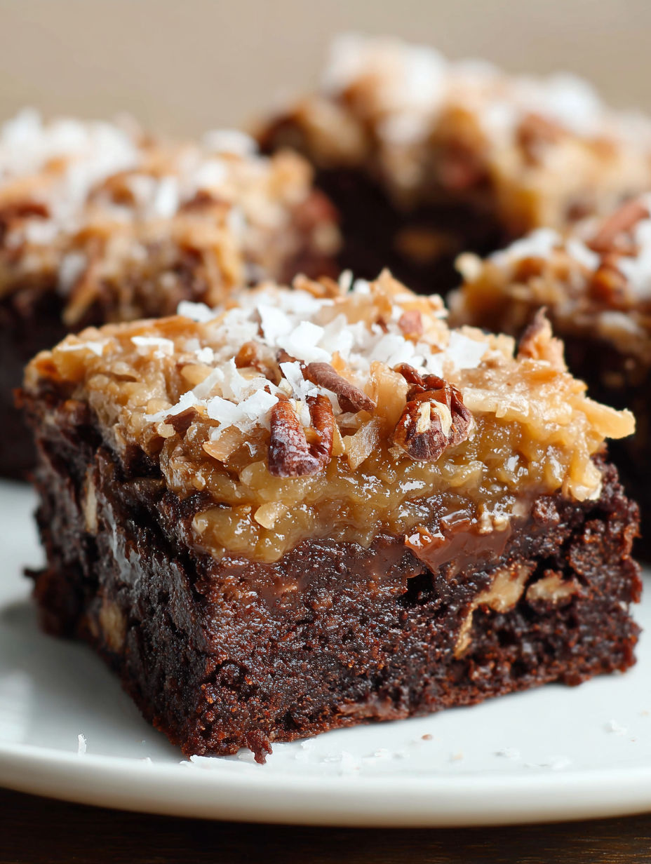 A close up of a German chocolate brownie.