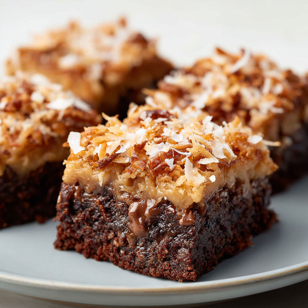 Three pieces of German chocolate brownies on a plate.