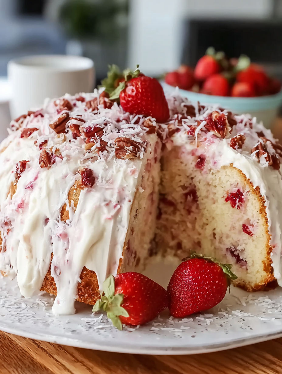 A slice of homemade strawberry Italian cream pound cake.