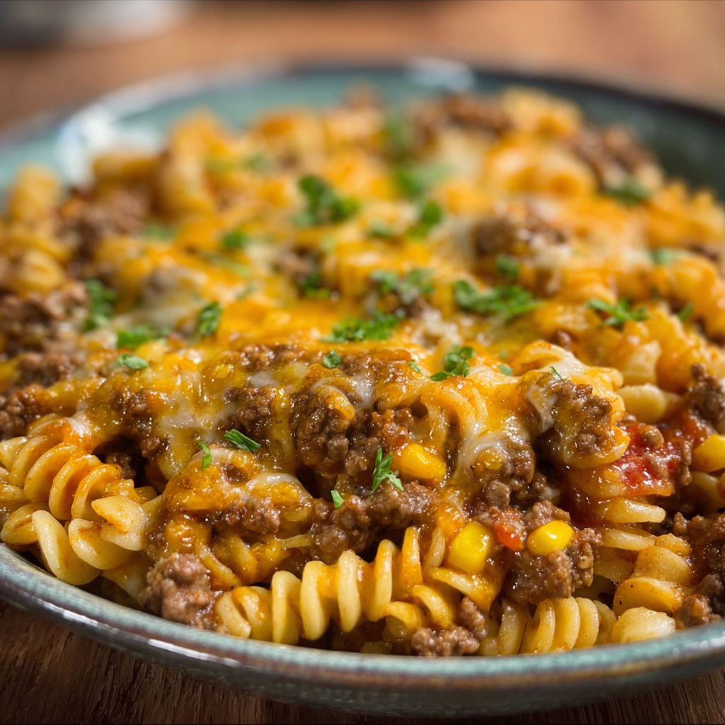 A bowl of pasta with meat and cheese.