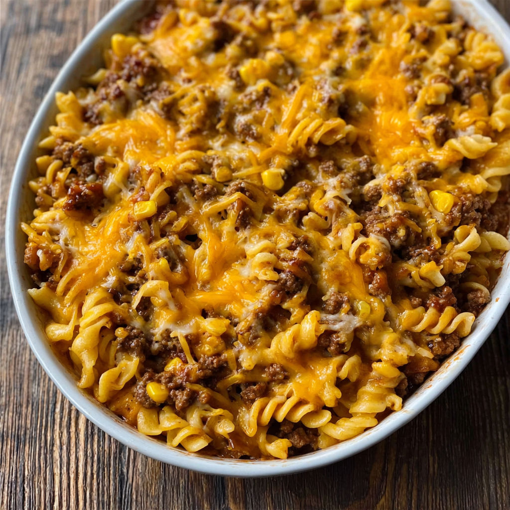 A bowl of pasta with meat and cheese.