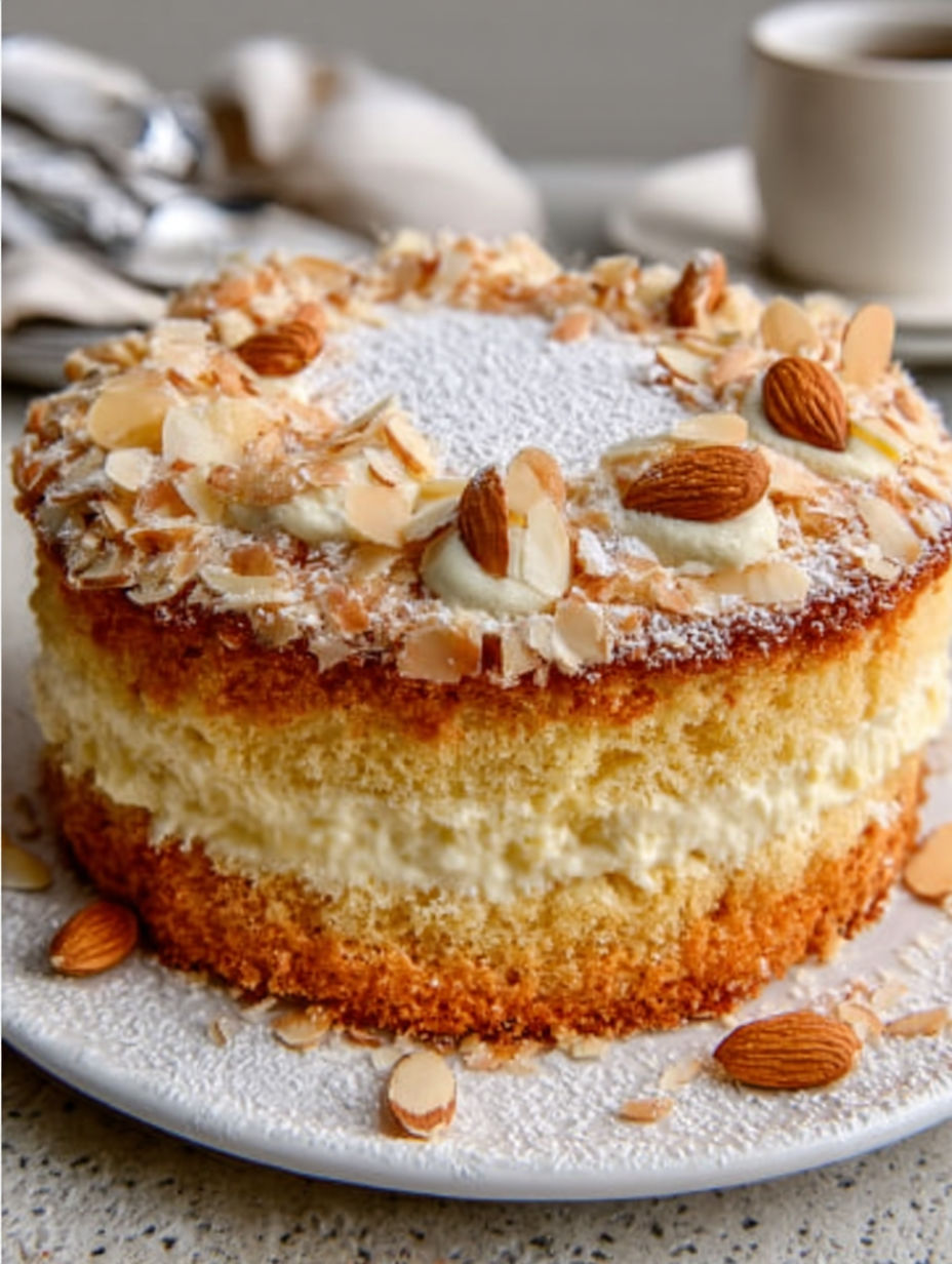 A slice of almond mascarpone torte.