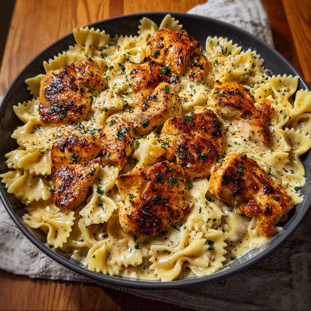 A bowl of garlic butter chicken with mozzarella cream sauce.