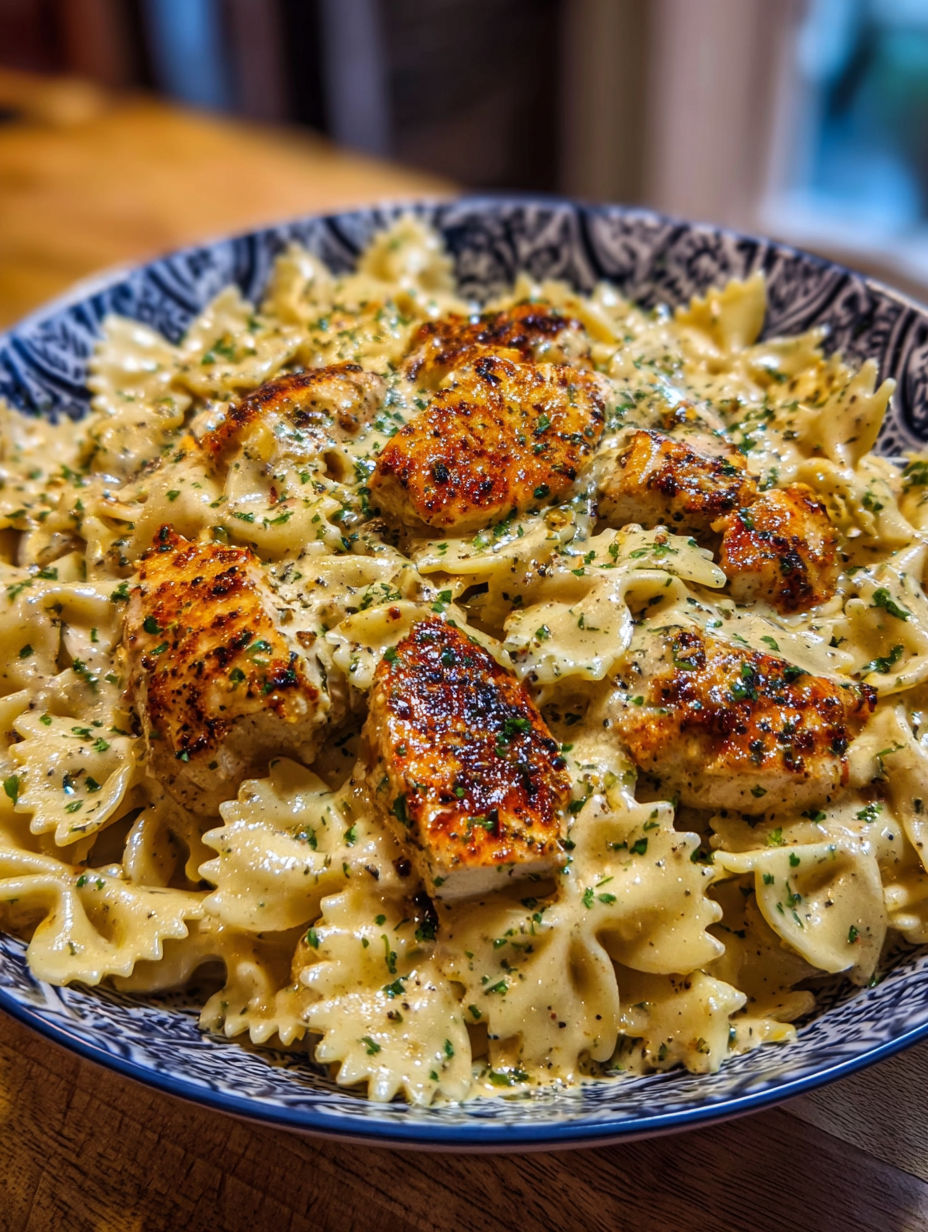 A bowl of garlic butter chicken with mozzarella cream sauce.