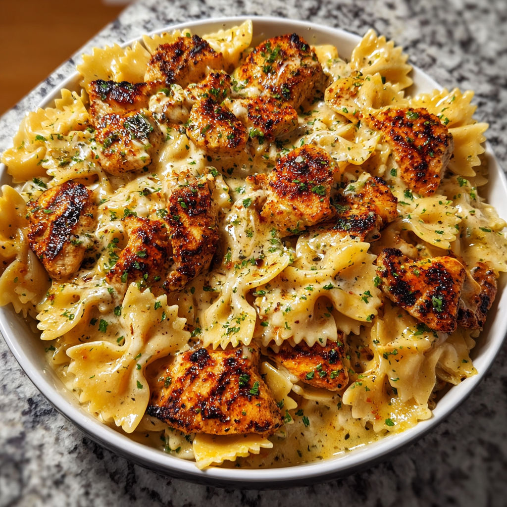 A bowl of garlic butter chicken with mozzarella cream sauce.