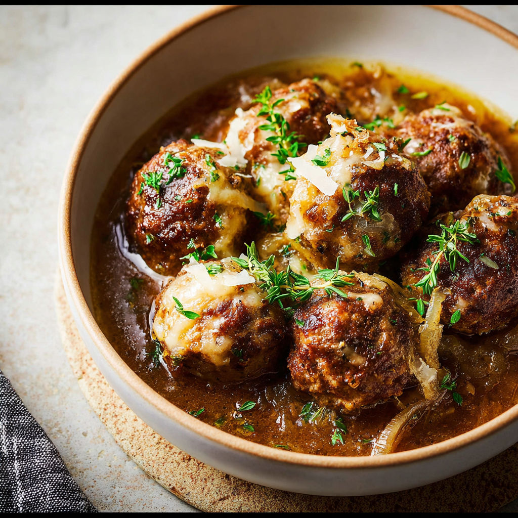A bowl of meatballs in a brown sauce.