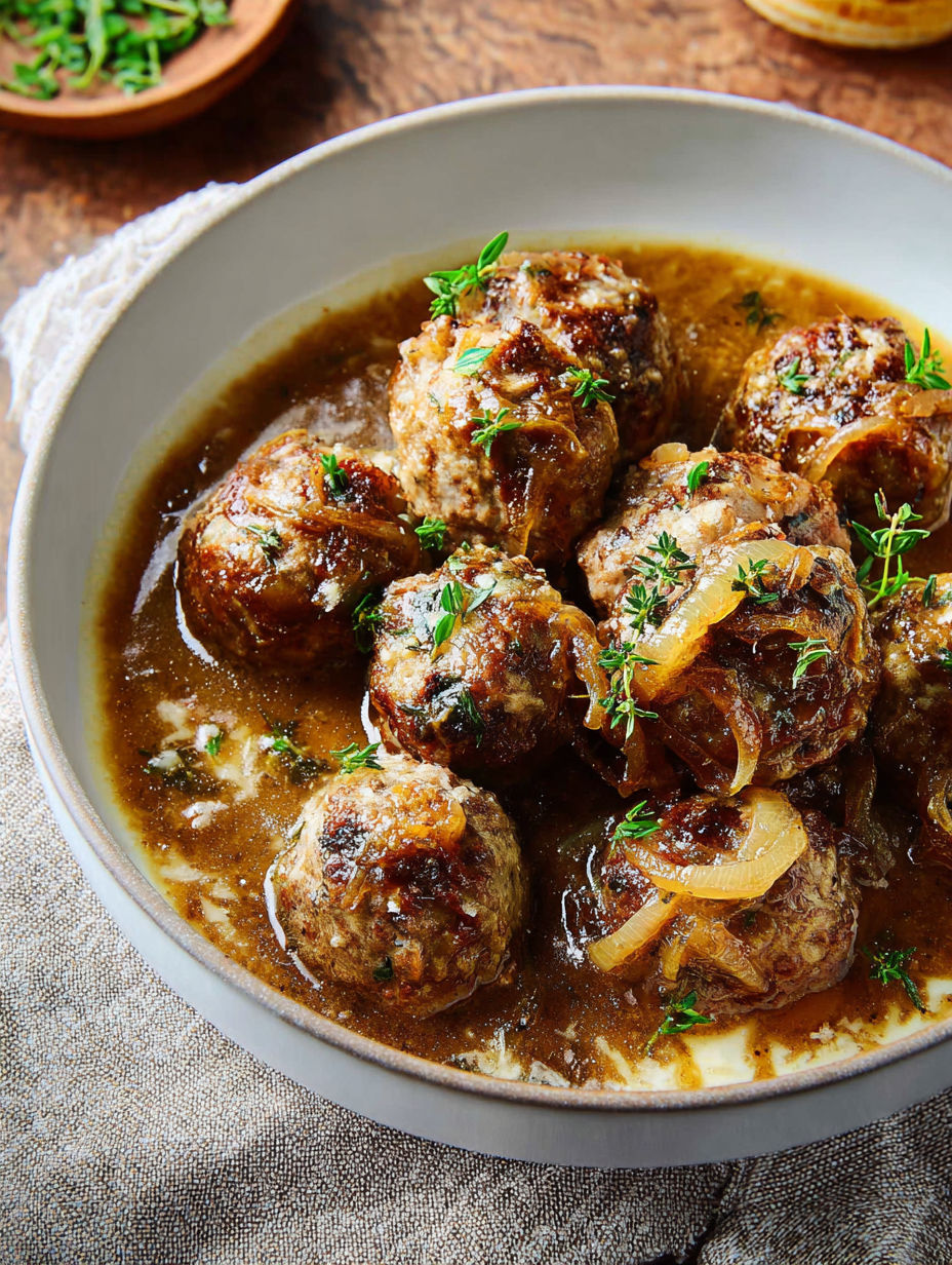 A bowl of meatballs with onions and herbs.