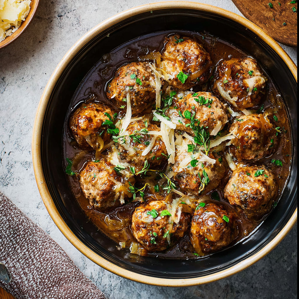 A bowl of meatballs with onions and herbs.