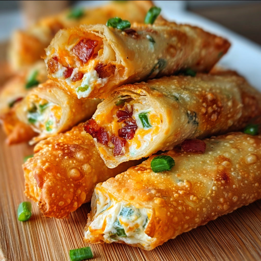 Bacon jalapeno popper egg rolls on a wooden table.