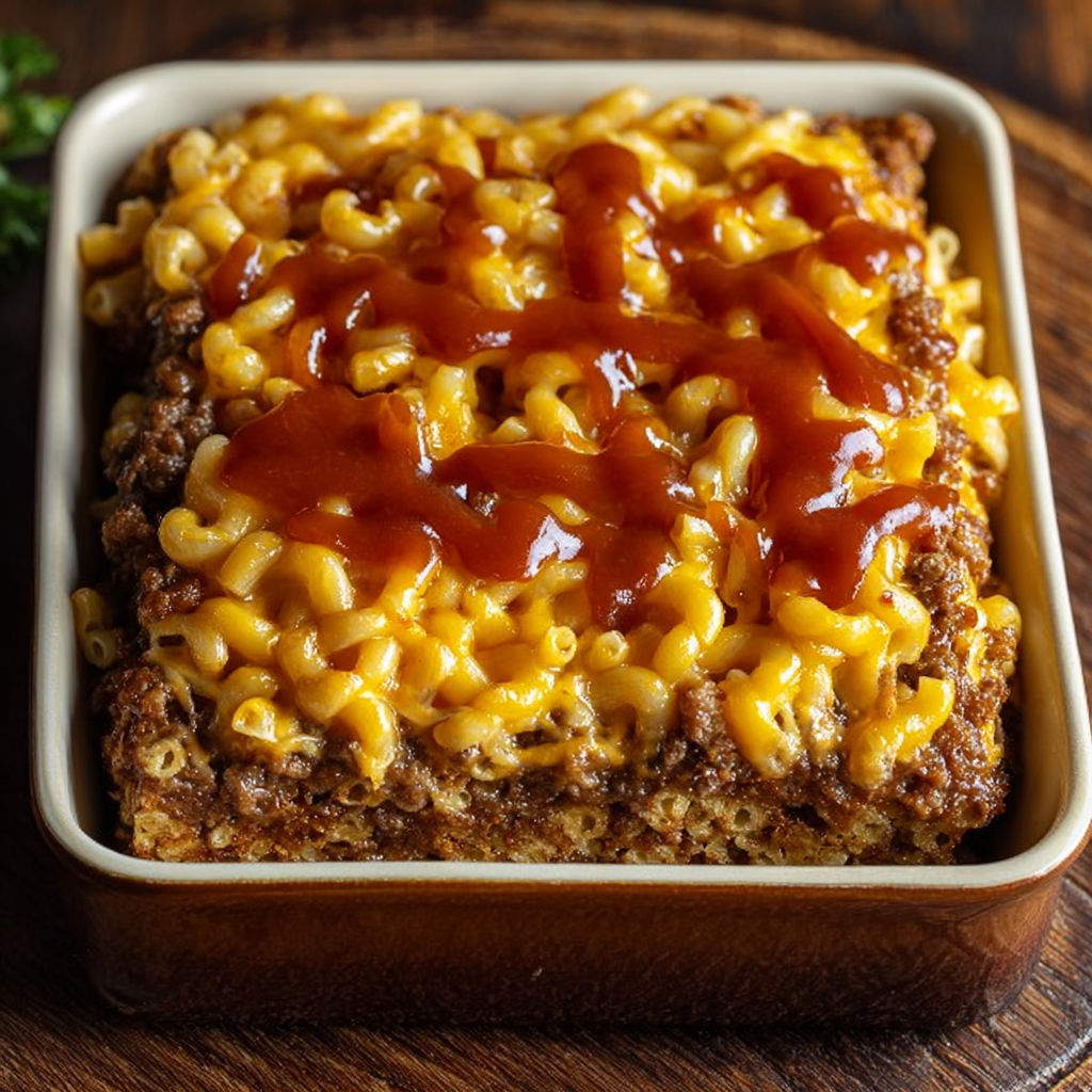 A square dish with mac and cheese and meatloaf.