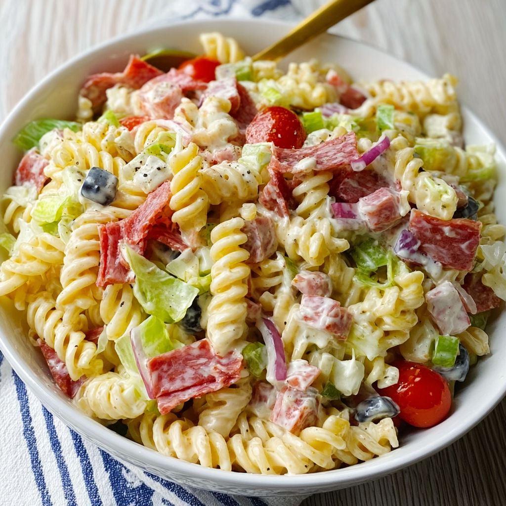 A bowl of pasta salad with tomatoes, onions, and meat.