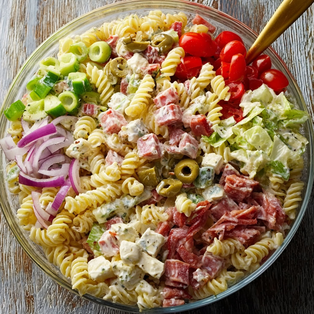 A bowl of pasta salad with meat and vegetables.