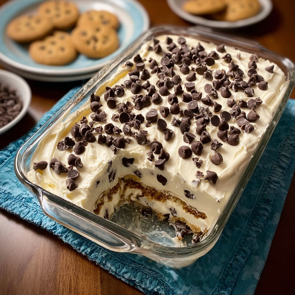 A Chips Ahoy! icebox cake with chocolate chips and white icing.