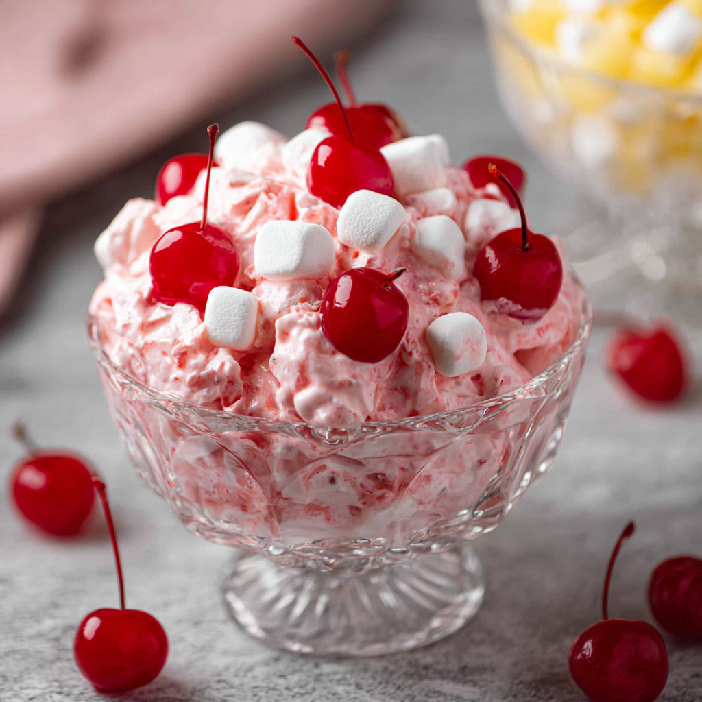 A bowl of cherry salad with marshmallows on top.