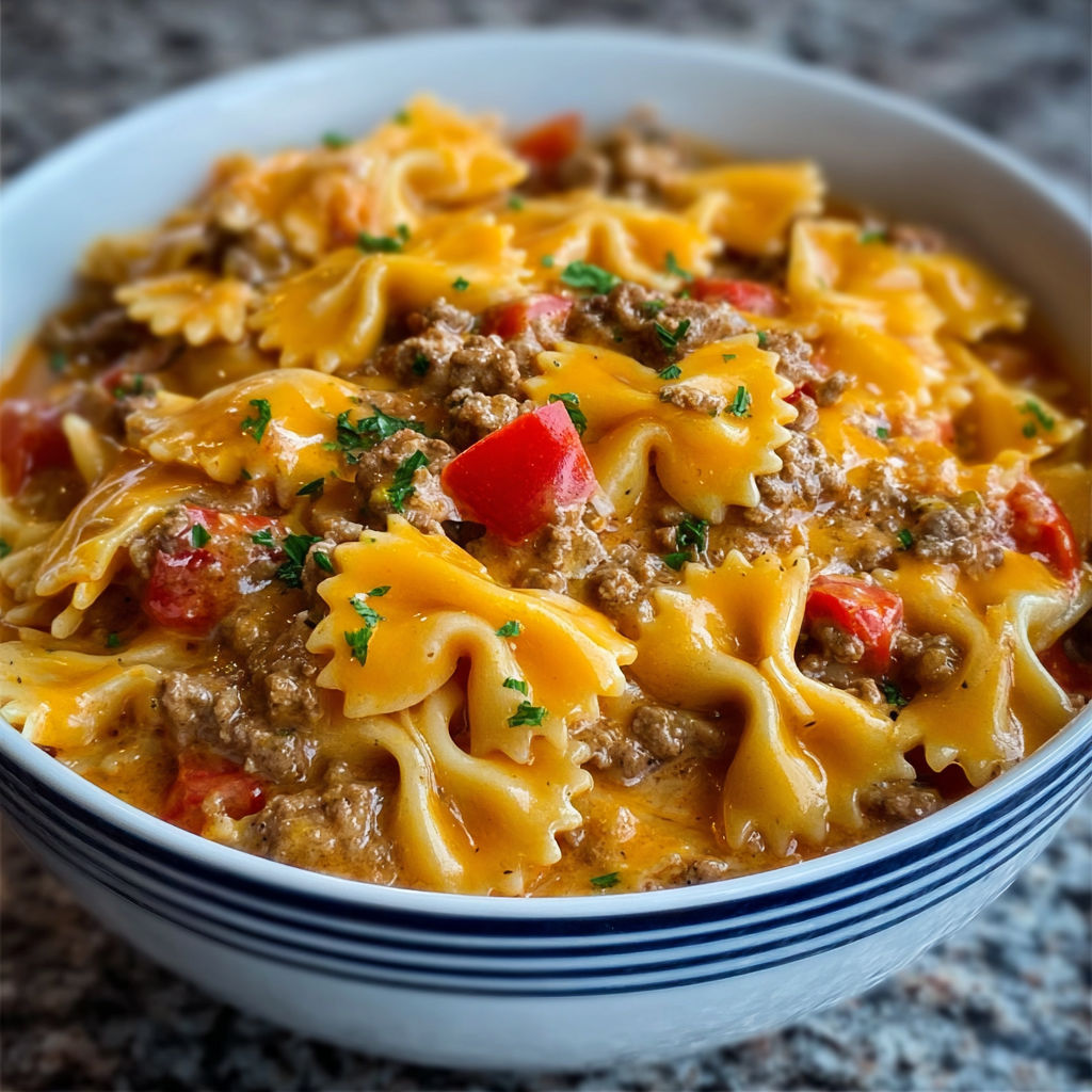 A bowl of pasta with meat and cheese.
