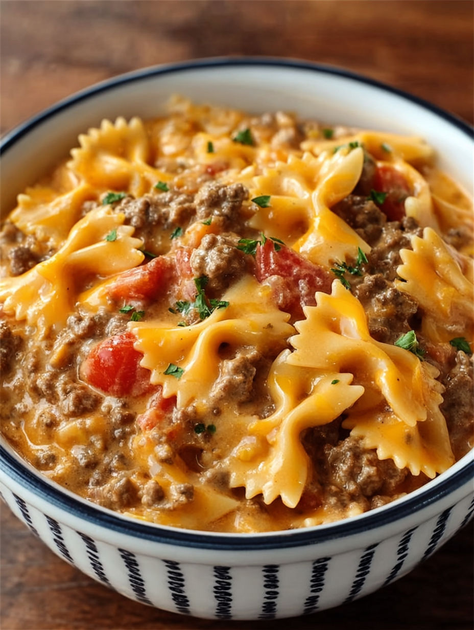 A bowl of pasta with meat and tomatoes.