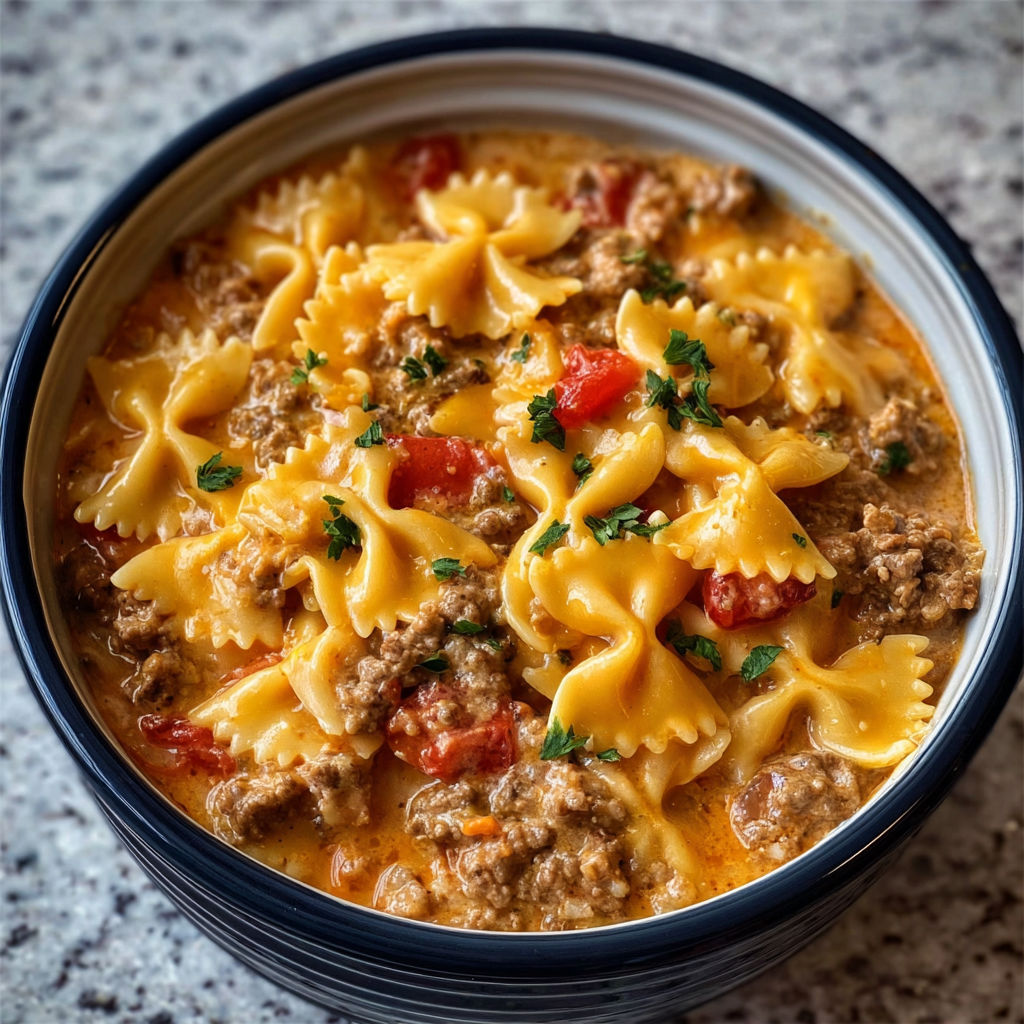 A bowl of pasta with meat and tomatoes.