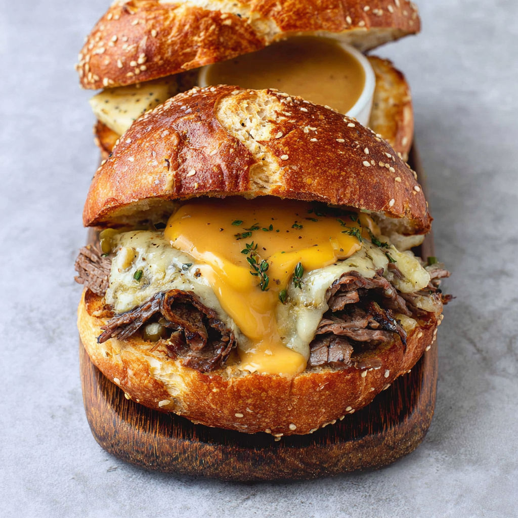 A close up of a sandwich with cheese and meat.