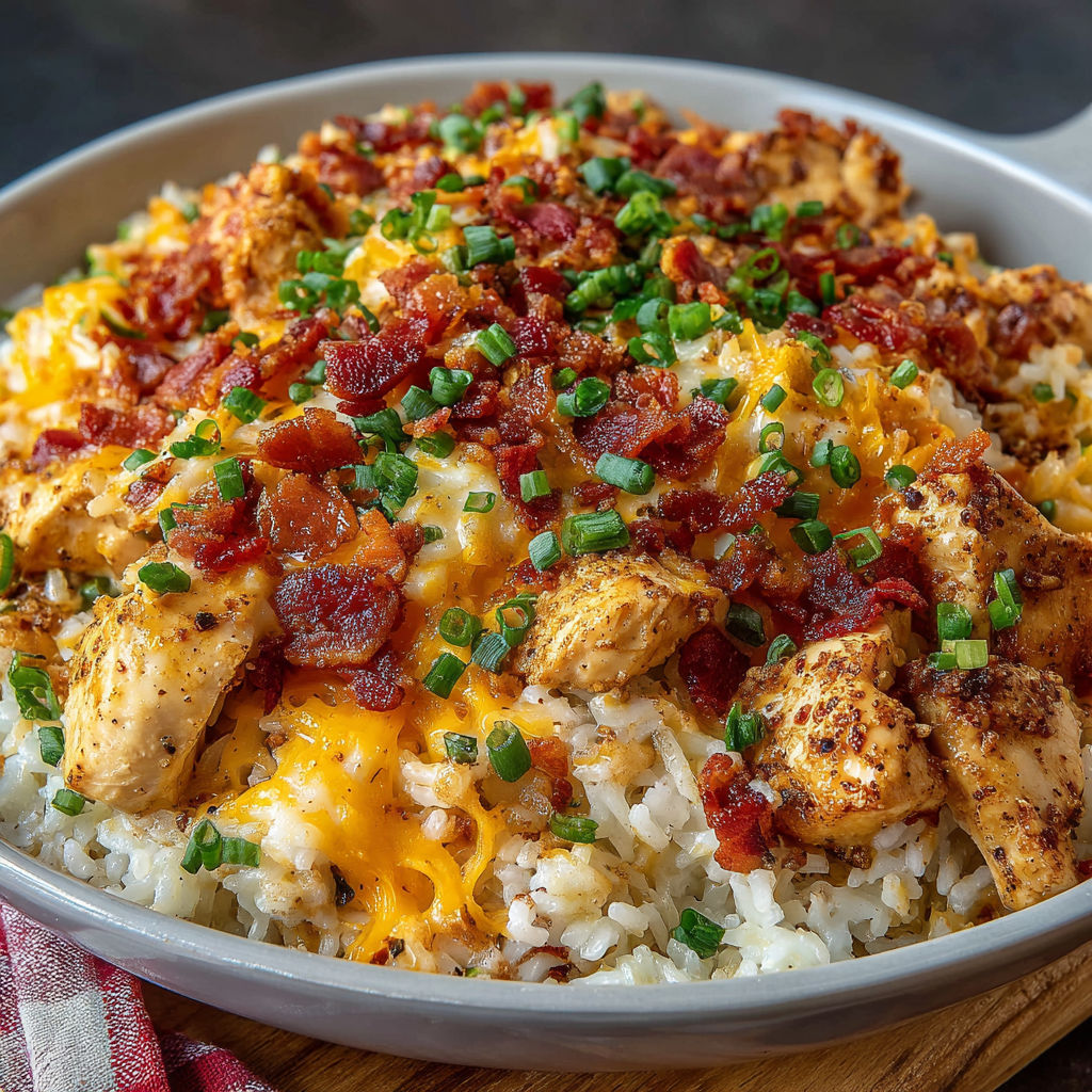 A bowl of food with bacon and cheese.