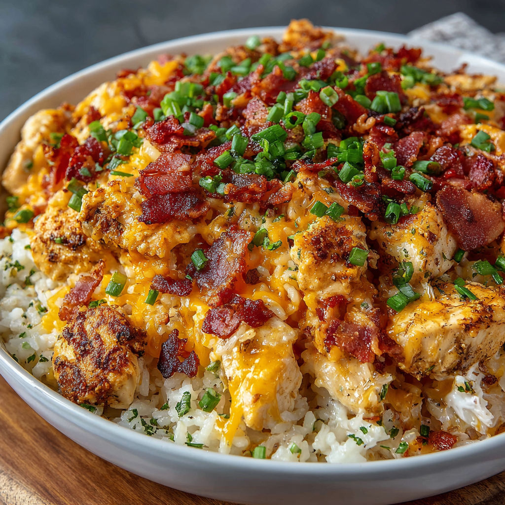 A bowl of food with bacon and cheese.