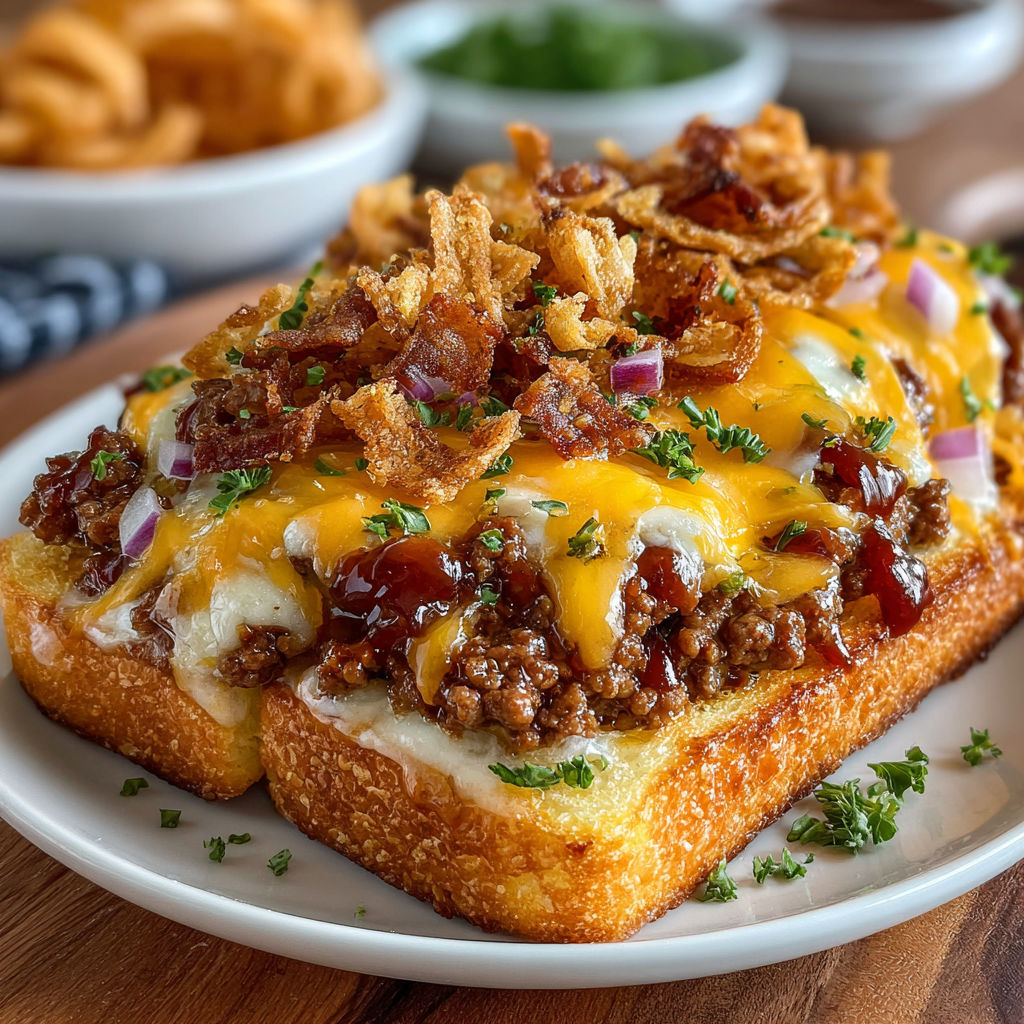 A BBQ sandwich with bacon and cheese.