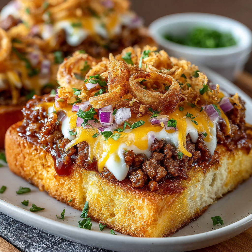 A BBQ sandwich with onions and cheese.