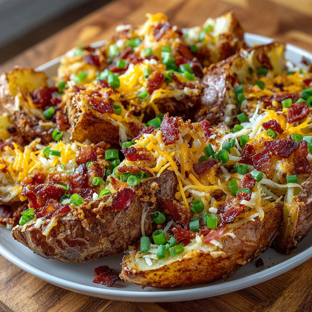 A plate of loaded baked potatoes.
