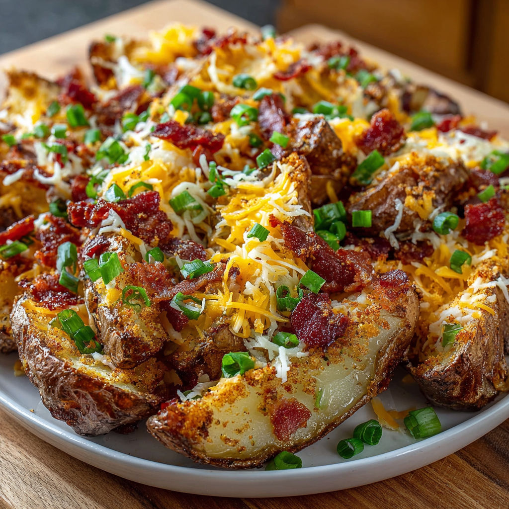 A plate of loaded potatoes.