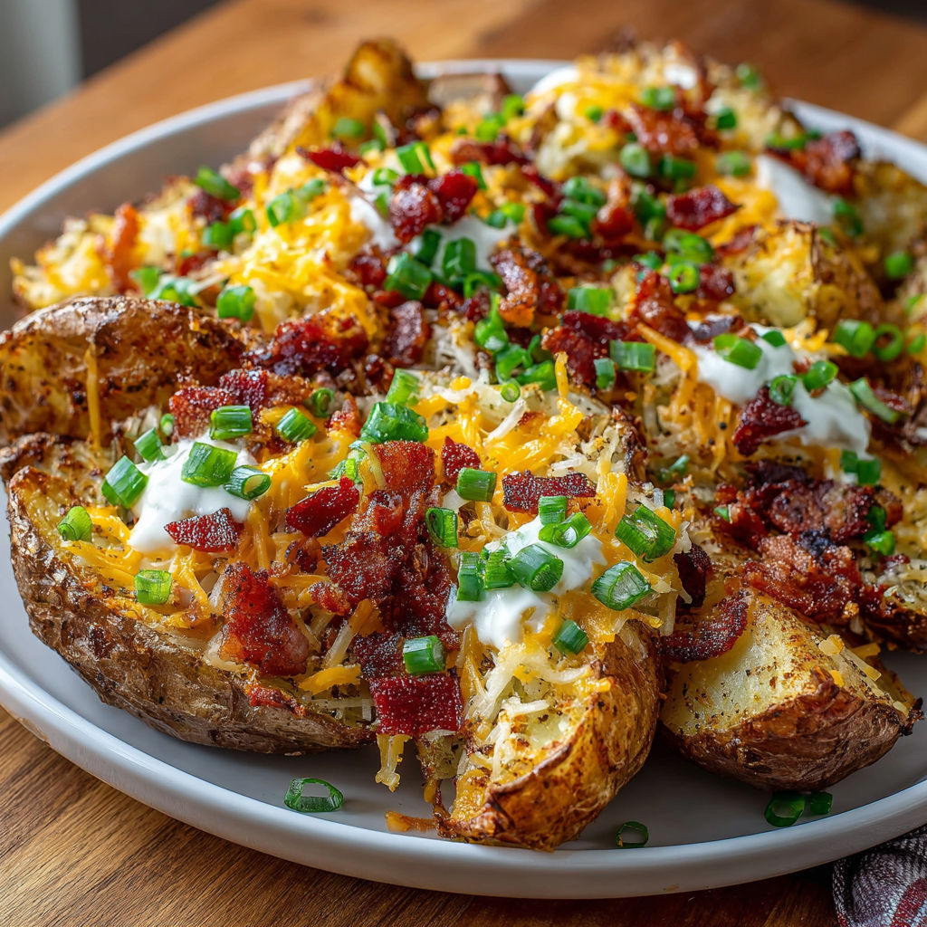 A plate of loaded baked potatoes.