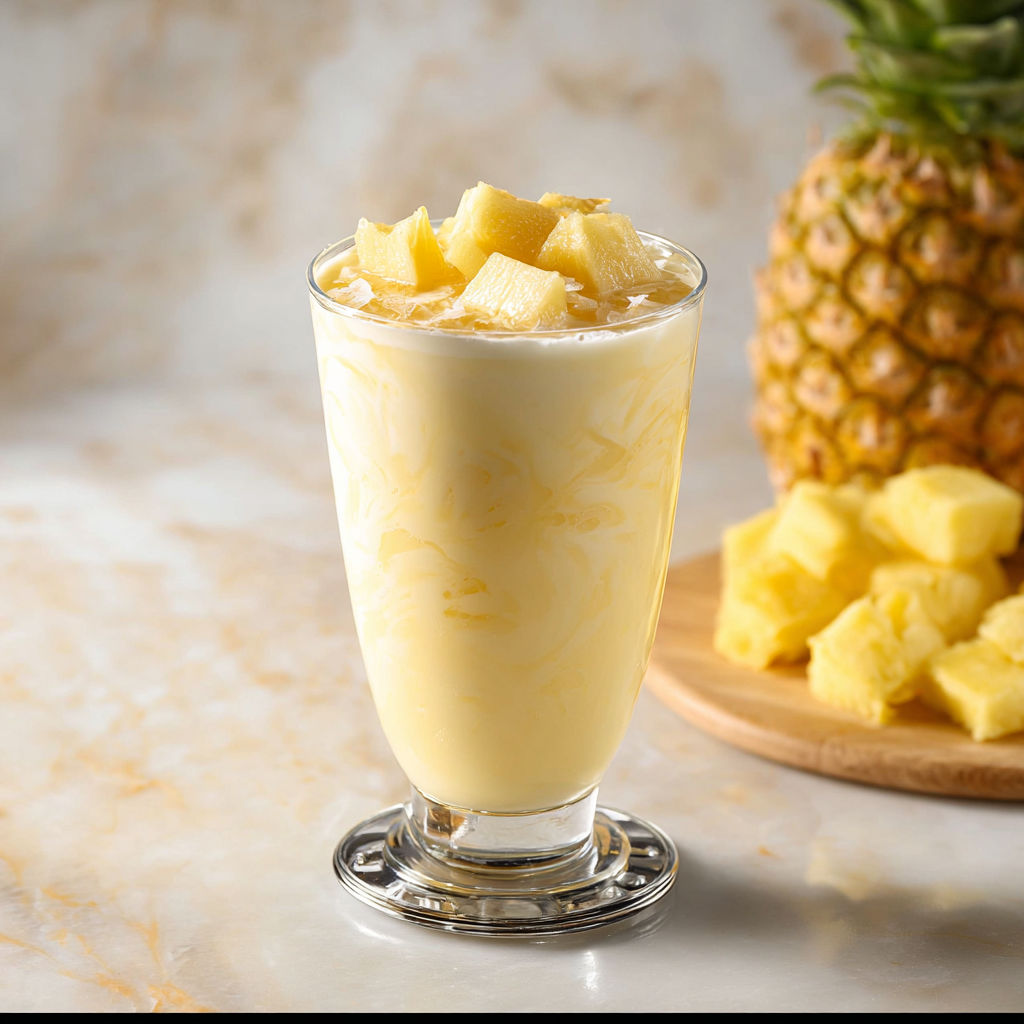 A glass of creamy pineapple coconut drink.