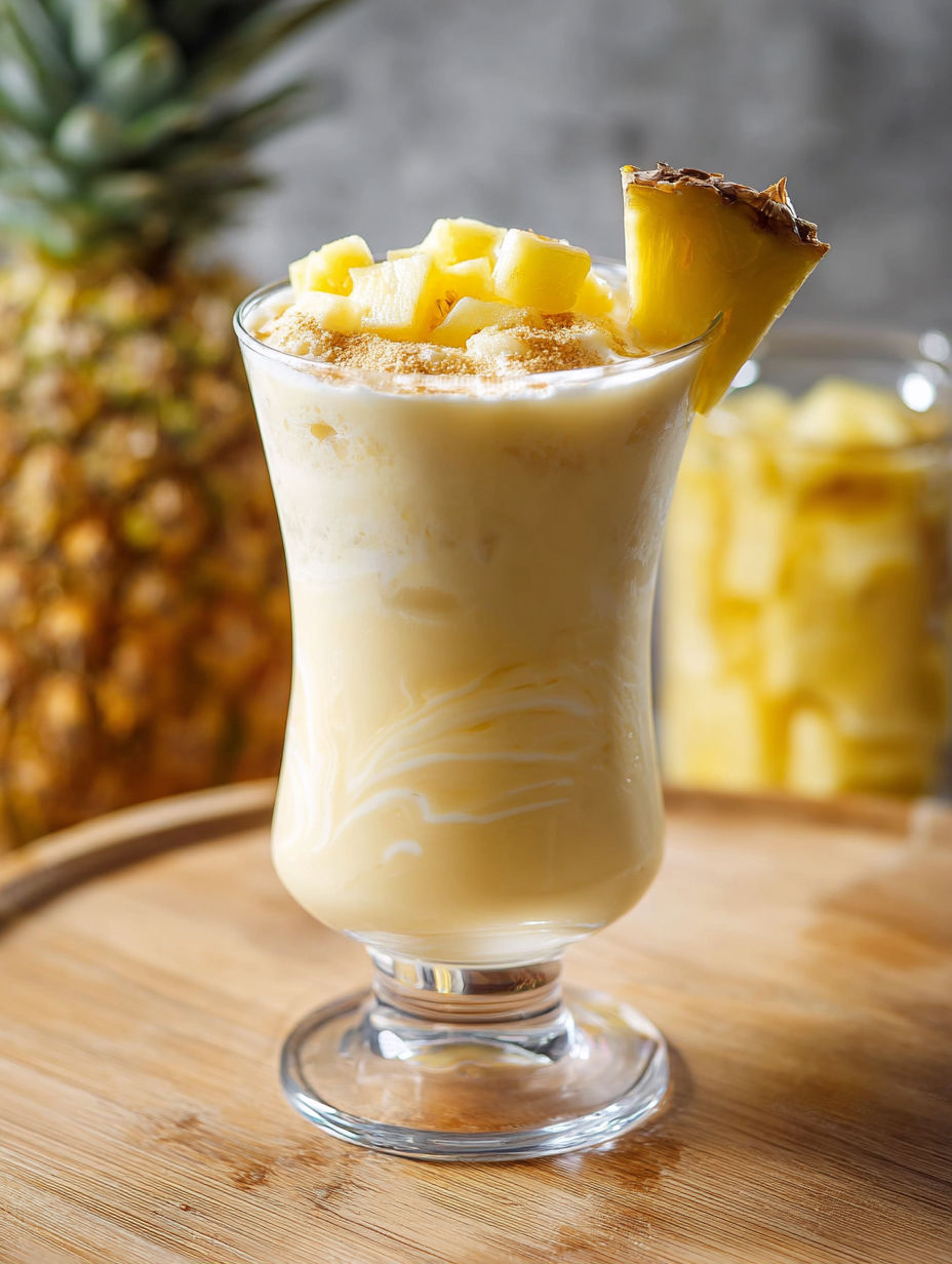 A glass of creamy pineapple coconut drink.