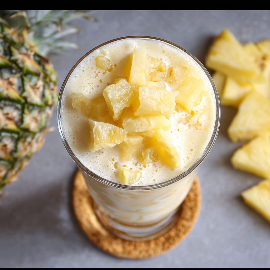 A glass of creamy pineapple coconut drink.