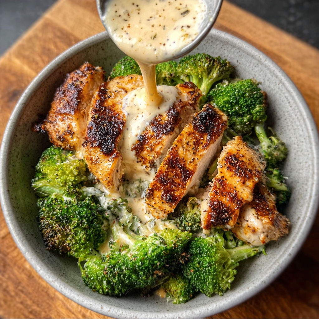 A bowl of grilled chicken and broccoli.