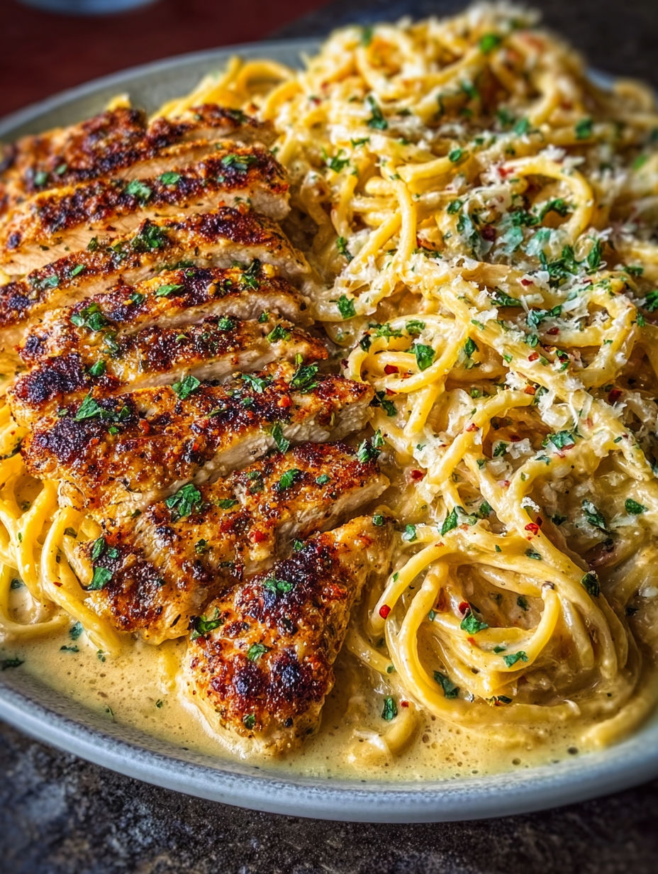 A plate of garlic Parmesan chicken spaghetti in spicy Cajun cream sauce.