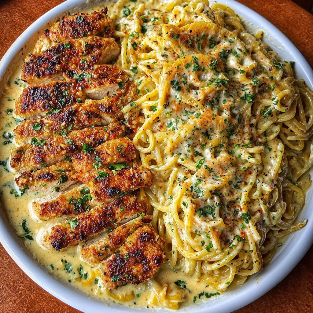 A plate of food with chicken and spaghetti.