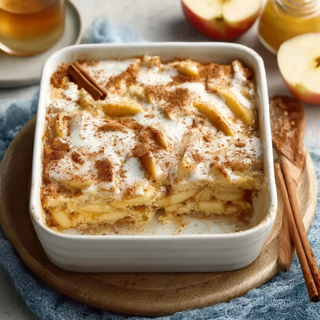 A white bowl filled with a cinnamon apple cottage cheese breakfast bake.