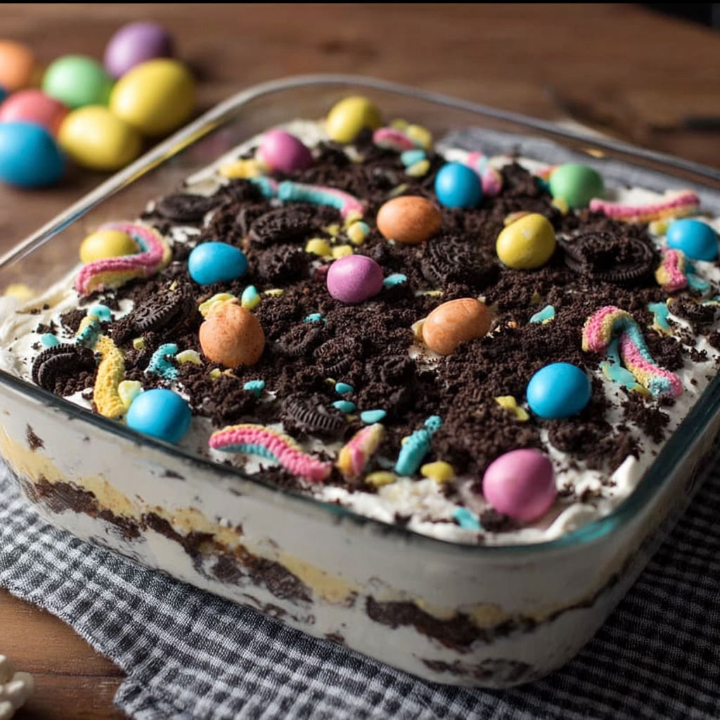 A cake with chocolate and candy toppings.